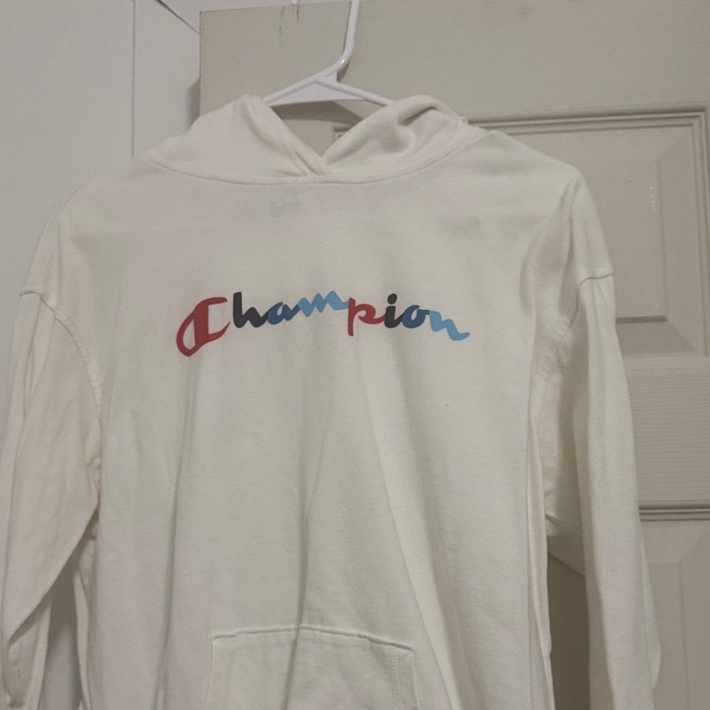 Champion White Hoodie with Red and Blue Logo